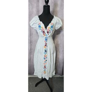 YZXDORWJ Mexican Folk Midi Dress M Blue Floral Embroidered Cinched Waist Peasant